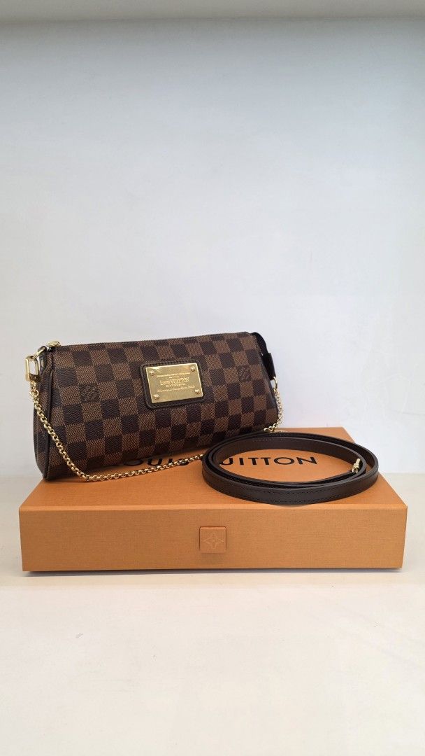 Louis Vuitton Eva Damier Ebene with Chain and Strap (Category: Luxury Bags & Wallets) located in San Fernando. Submitted by bagproject (Listing ID 1458683860, Image 1). Description: LV Eva Damier Ebene DU0132 Php 76,000 Rank SA-A W/ dust bag, box, chain strap, leather strap.