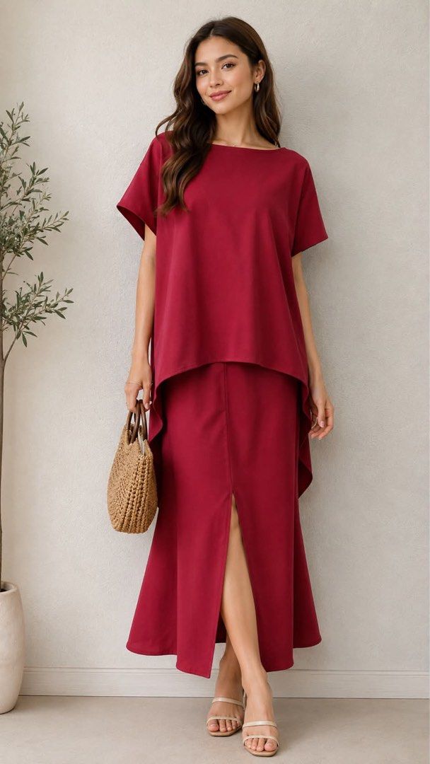 Maroon - Top long back (Category: Sets or Coordinates) located in Manila. Submitted by _littlebunny (Listing ID 1458545395, Image 1). Description: - Stylish maroon top - loose-fitting sleeved top - Made from a smooth, matte fabric - Versatile for casual or semi-formal outfits - Easy to mix and match for various looks.