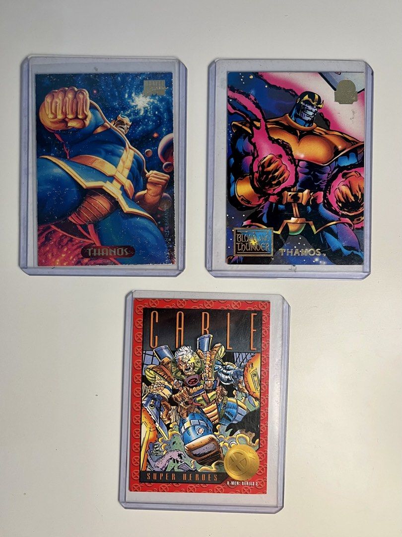 Marvel Comics Thanos & Cable Trading Cards (Category: Raw Singles) located in Manila. Submitted by darthcauldrone66 (Listing ID 1458605508, Image 1). Description: - Marvel trading cards - 150 each 400 set - Includes 2 Thanos cards and 1 Cable card - All cards are in protective sleeves - Ideal for Marvel collectors - Loc: Malate, Manila - Lalamove for shipping.