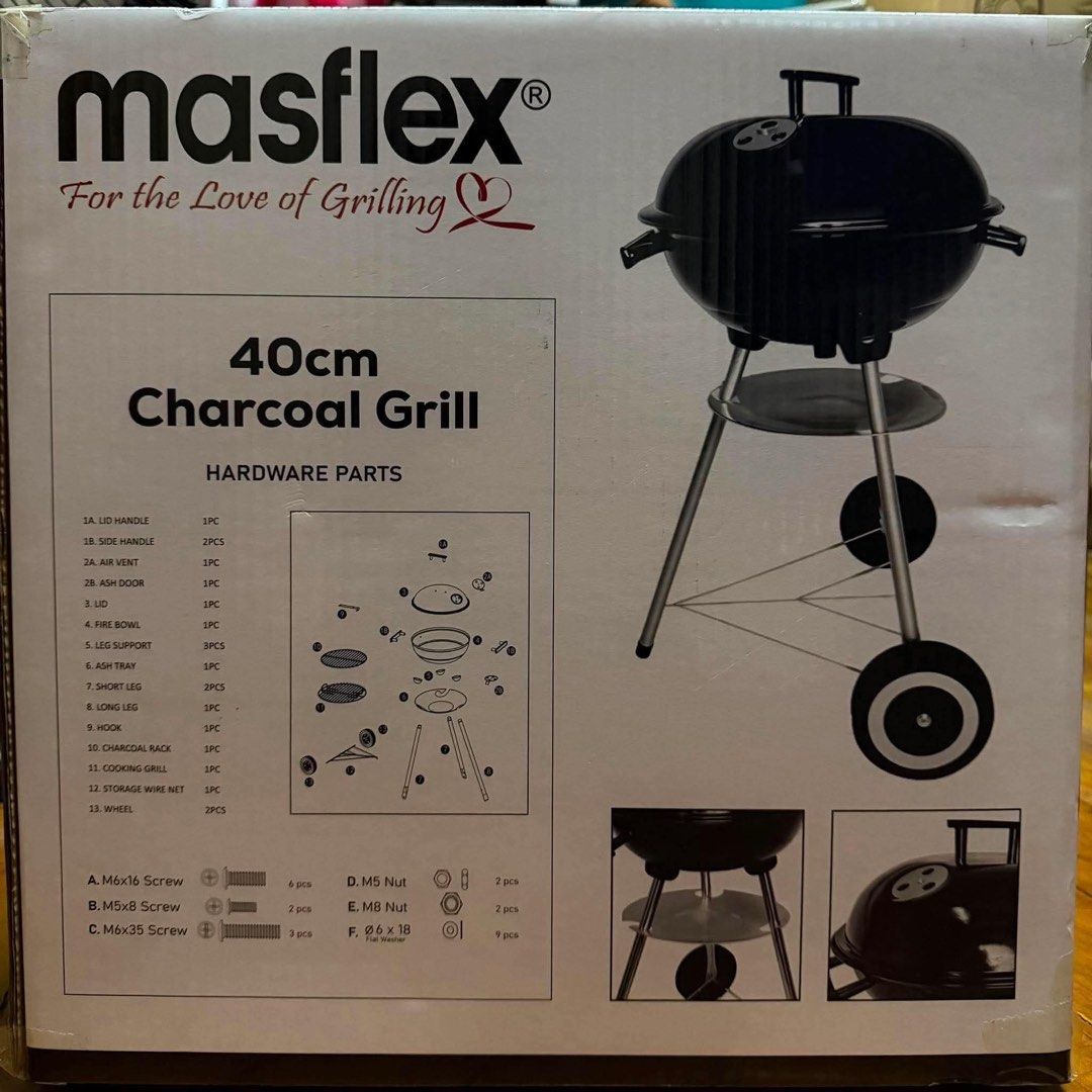 Masflex 40cm Charcoal Grill (Category: Cookware & Accessories) located in San Jose del Monte. Submitted by mm_ch (Listing ID 1458575019, Image 2). Description: - Masflex 40cm Charcoal Grill - Features ash catcher, handle, and wheels for easy mobility - Comes with removable grates - All necessary hardware for assembly included - Ideal for outdoor cooking and BBQs.