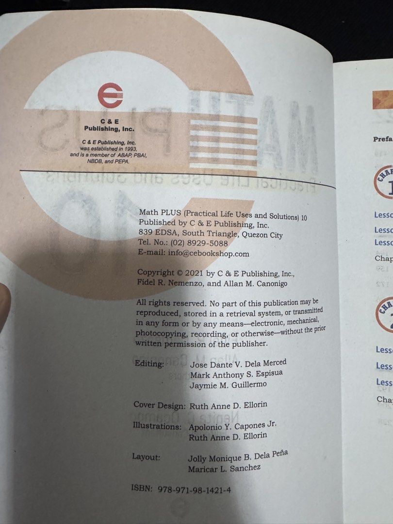 Math Plus Practical Life Uses and Solutions 10 Textbook (Category: Textbooks) located in Manila. Submitted by minatabo888 (Listing ID 1458618038, Image 3). Description: - Math PLUS (Practical Life Uses and Solutions) 10 textbook - Designed for Junior High School - Aligns with K-12 Curriculum - Focuses on Real-Life Math Applications - Includes Step-by-Step Solutions and Examples - Published by C & E Publishing, Inc. - Copyright Year: 2021.