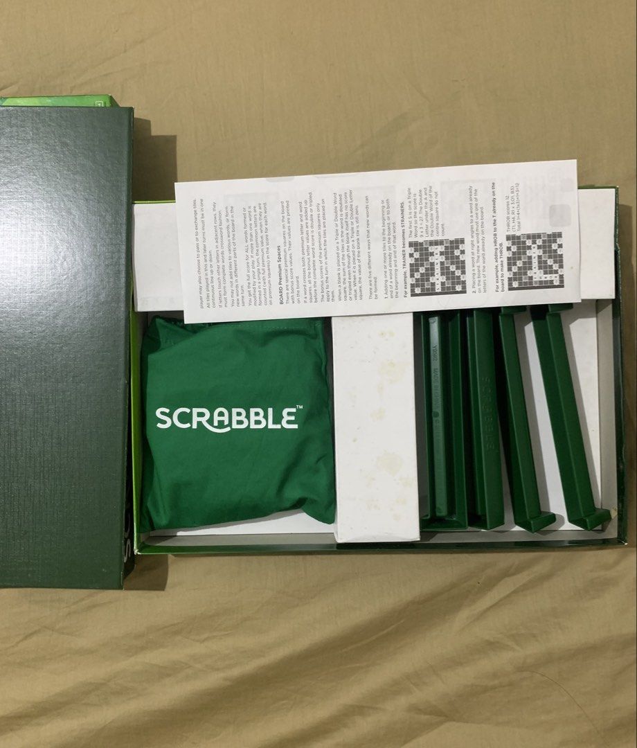 Mattel Games Original Scrabble Board Game (Category: Board Games & Puzzles) located in Badoc. Submitted by k8clears (Listing ID 1458528781, Image 3). Description: Perfect for family game nights, gatherings, parties, or anyone who loves word games. Inclusions: 1 × Scrabble game board Scrabble letter tiles 4 × Tile racks 1 × Tile bag Game instructions/rules Condition: Like new — used only once or twice! RFS: Hindi na nagagamit Shipping: J&T Express