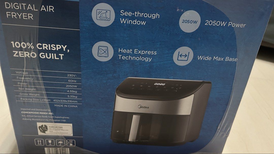 Midea Digital Air Fryer (Category: Fryers) located in Bulacan. Submitted by karlacezar44408 (Listing ID 1458633351, Image 2). Description: - Midea Digital Air Fryer - Large 5.5L capacity - Powerful 2050W for quick cooking - Heat Express Technology for crispy results - See-through window to monitor food - Wide max base for enhanced stability - Imported and distributed by Concepcion Hidez Inc. .
