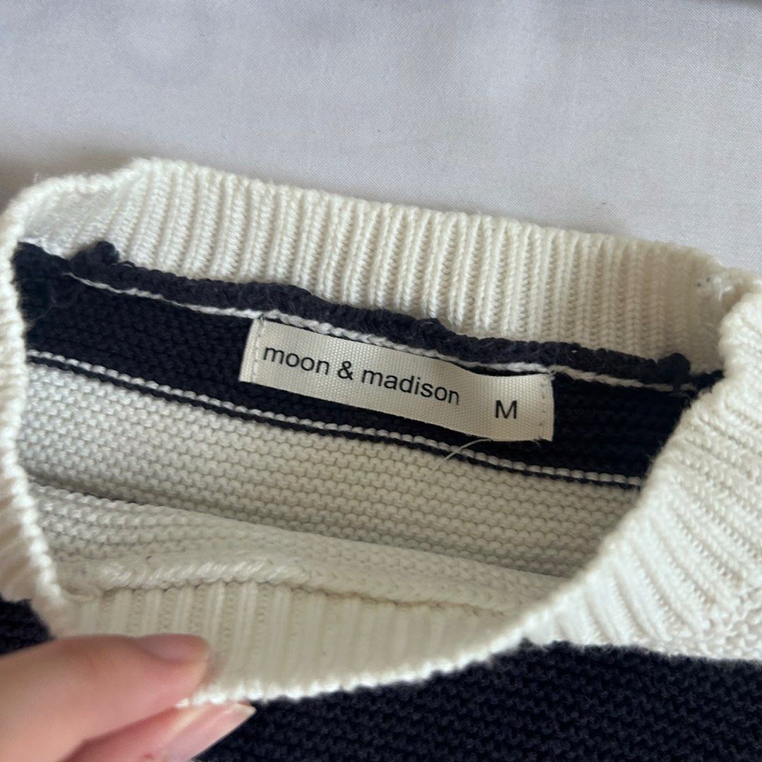 Moon & Madison Striped Knit Crop Sweater (Category: Coats, Jackets and Outerwear) located in Manila. Submitted by chloemapa (Listing ID 1458593070, Image 2). Description: - Brand: Moon & Madison - Color: Black and White Stripes - Style: Knit Sweater - Neckline: Crew Neck - Sleeves: Long Sleeves - Fit: Relaxed - Features: Super comfy, versatile, great for layering - Size: Medium (M) so flattering on body! good cond! used once rfs: decluttering.