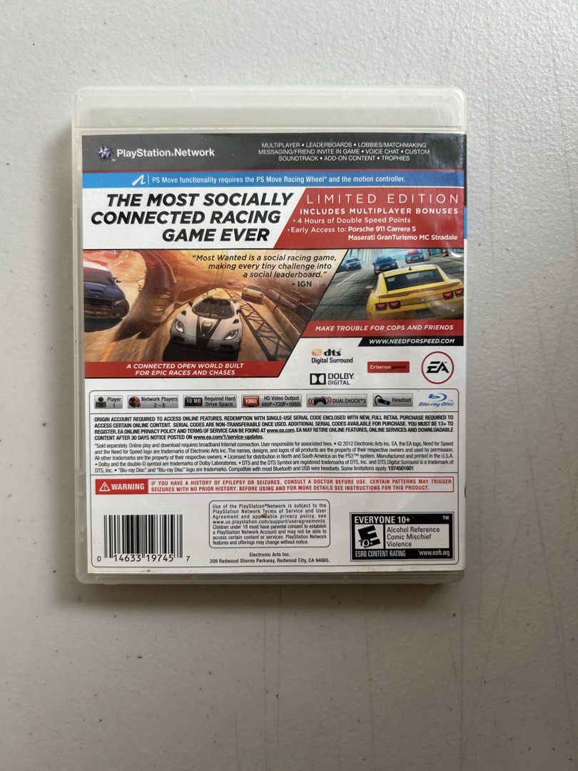 Need for Speed: Most Wanted Limited Edition CIB Tested (Category: PlayStation) located in Paranaque City. Submitted by keichi. (Listing ID 1458631929, Image 3). Description: Need for Speed: Most Wanted Limited Edition CIB Tested Item Specifics: - Platform: Sony PlayStation 3 (PS3) - Publisher: Electronic Arts / Criterion Games - Condition: Very Good - Completeness: Complete in Box (CIB) - Includes Case, Artwork Insert, Disc, and On-Disc Manual Sh