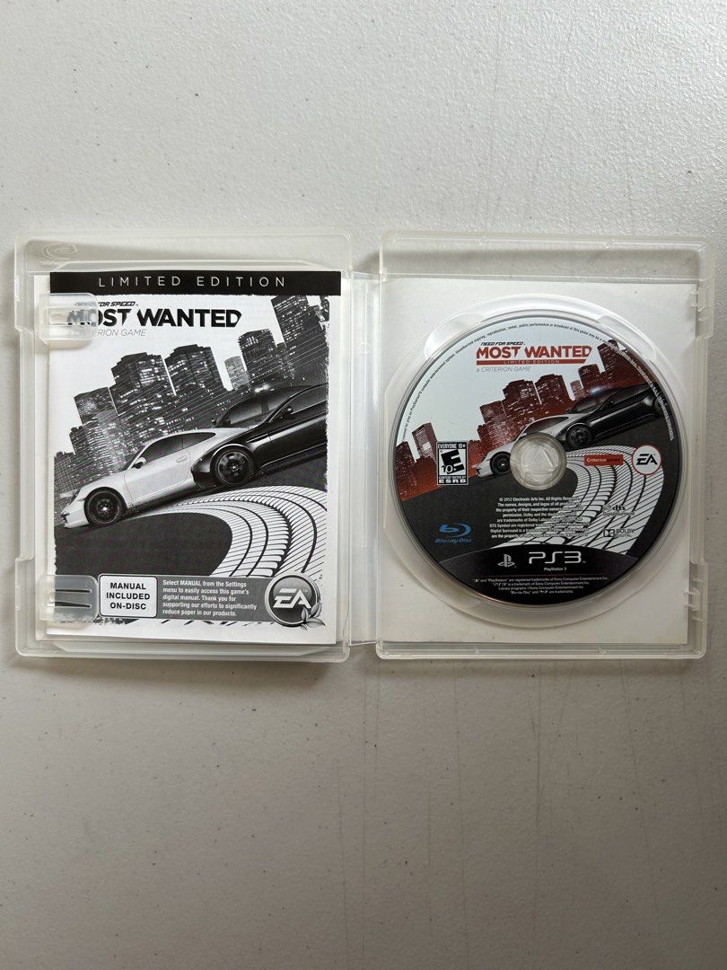 Need for Speed: Most Wanted Limited Edition CIB Tested (Category: PlayStation) located in Paranaque City. Submitted by keichi. (Listing ID 1458631929, Image 2). Description: Need for Speed: Most Wanted Limited Edition CIB Tested Item Specifics: - Platform: Sony PlayStation 3 (PS3) - Publisher: Electronic Arts / Criterion Games - Condition: Very Good - Completeness: Complete in Box (CIB) - Includes Case, Artwork Insert, Disc, and On-Disc Manual Sh