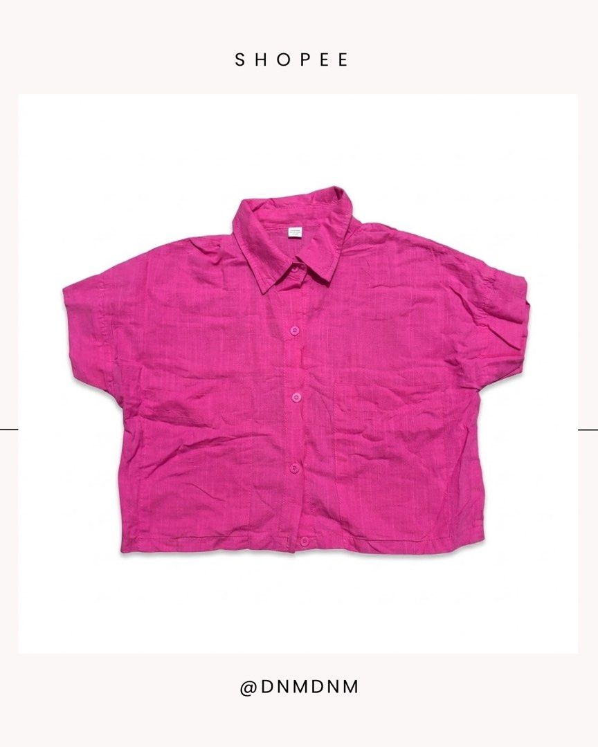 Neon Pink Short Sleeve Button-Up Shirt (Category: Shirts) located in Manila. Submitted by dnmdnm (Listing ID 1458603060, Image 1). Description: - Bright pink short-sleeved shirt - Button-up front with collar - Single chest pocket on the left - Subtle vertical stripe texture - Relaxed fit.
