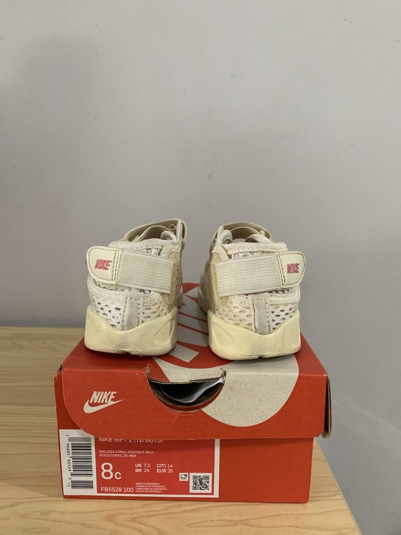 Nike Air Rift 2 Toddlers (Category: Babies & Kids Fashion) located in Manila. Submitted by love-luna (Listing ID 1458587107, Image 2). Description: - 💯 guaranteed authentic Nike Air Rift 2 sandals; bought from Nike store - Size: 8C 14CM - Color: Sail/Sea Coral-Coconut Milk - No flaws - Includes: Original box - RFS: outgrown .