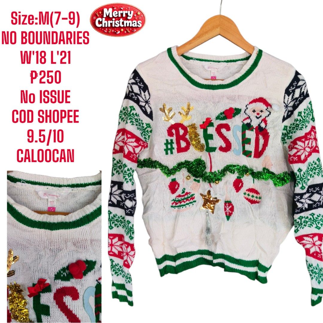 NO BOUNDARIES White Christmas Sweater M(7-9) (Category: Babies & Kids Fashion) located in Manila. Submitted by ukayukayma98752 (Listing ID 1458514856, Image 1). Description: White Christmas sweater with #BLESSED design. Features Santa and.