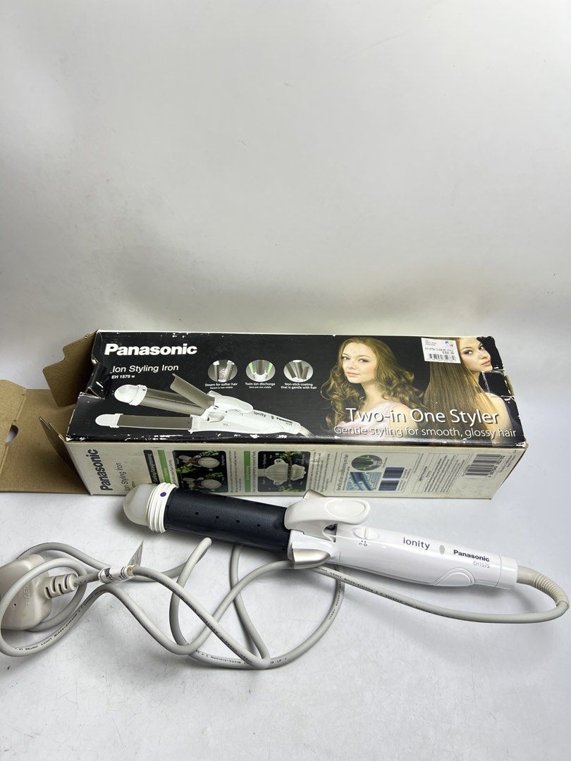 Panasonic Ion Styling Iron Two-in-One Styler EH1575 (Category: Hair) located in Baguio. Submitted by chiechie1234 (Listing ID 1458584190, Image 1). Description: - Panasonic Ion Styling Iron EH1575 - 2-in-1 styler for smooth, glossy hair - Features advanced ion technology - Works with 220-240V power supply - Made in Thailand - Comes with original box.