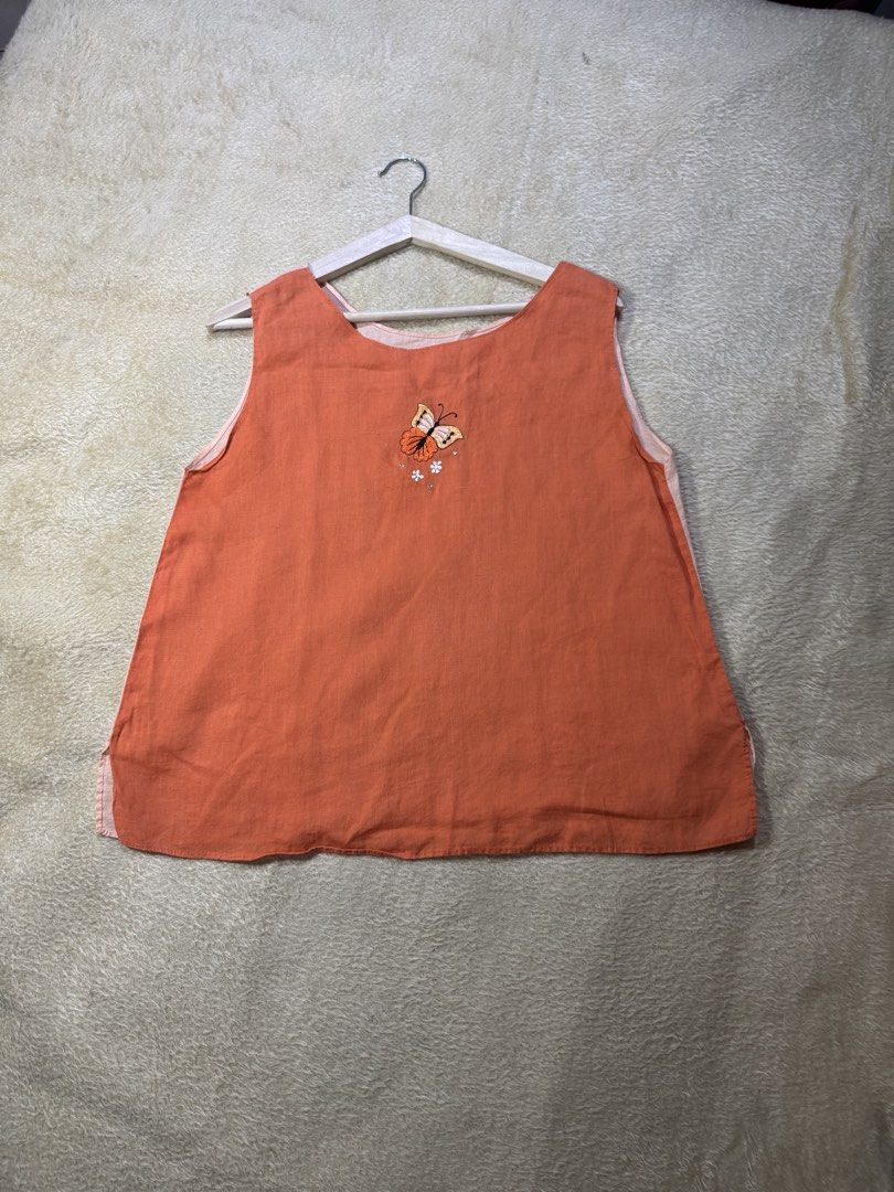 Pink & Orange Butterfly Embroidered Top Set (Category: Sleeveless) located in Caloocan City. Submitted by poch.queue (Listing ID 1458546717, Image 2). Description: - Orange top set with collar and cuff - Butterflies and floral details - Comes with a matching orange sleeveless inner top..