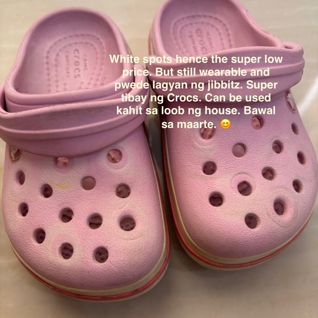Pink Crocs Kids Size C7 (Category: Babies & Kids Fashion) located in Cavite. Submitted by decluttererminer (Listing ID 1458508244, Image 2). Description: - Pink Crocs for kids - Size C7 - Has white spots (hence the super low price) - Still wearable and durable - pwede for indoor use - Can add Jibbitz - Not for fussy buyers - first owner : my daughter - rfs: outgrown - authentic - clean every after use (nakatambak na kasi) -please manage expectati