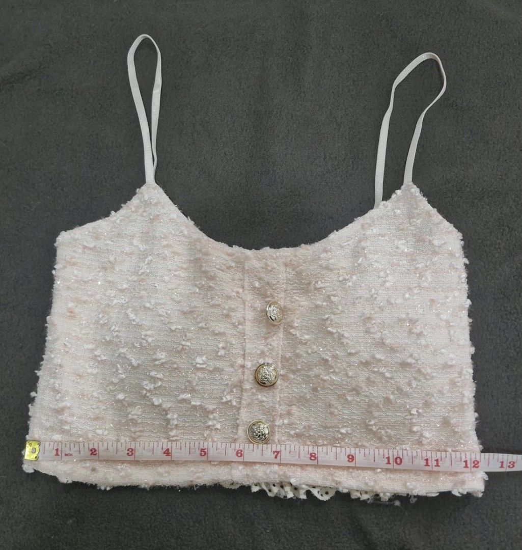 Pink Tweed Button Up Crop Top with Straps (Category: Others Tops) located in Bacoor. Submitted by akosibianca (Listing ID 1458575728, Image 2). Description: - Adorable pink tweed crop top - Textured fabric with subtle sparkle - Three silver button front closure - Adjustable straps for a perfect fit - Stylishly pairs with high-waisted bottoms - Ideal for night outs or casual wear.