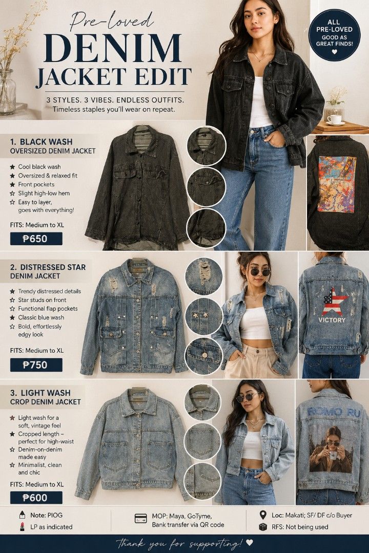 PRE-LOVED DENIM JACKET EDIT ✨ (Category: Coats, Jackets and Outerwear) located in Manila. Submitted by smartluxeph (Listing ID 1458507411, Image 1). Description: ✨ PRE-LOVED DENIM JACKET EDIT ✨ Three very different denim looks — from edgy to playful to effortlessly casual. 💙🖤 Perfect for layering and giving even a simple outfit an instant upgrade! 🖤 1. BLACK WASH OVERSIZED DENIM JACKET — ₱650 A cool, relaxed statement piece with an artsy surpr