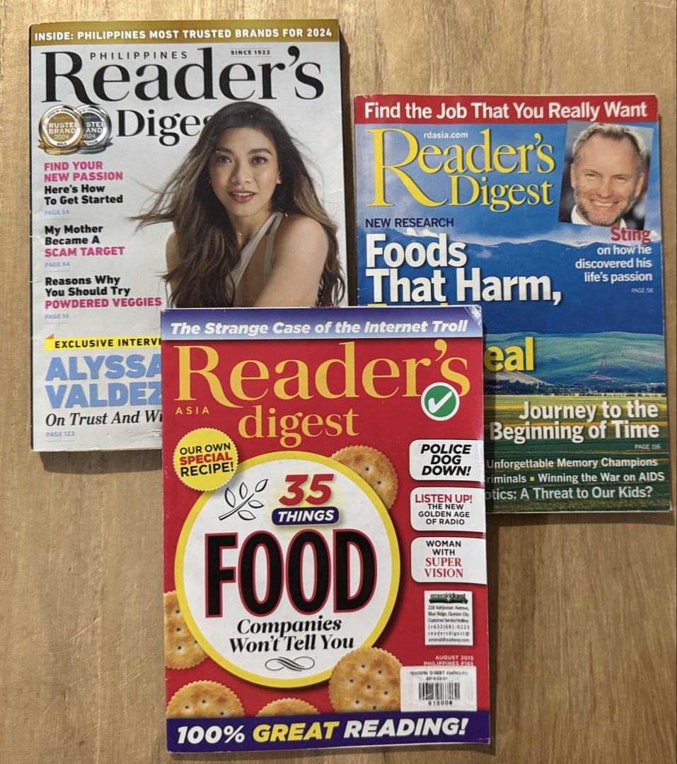 Reader's Digest Magazines - Philippines Edition (Category: Magazines) located in San Pedro. Submitted by pageturner19 (Listing ID 1458500029, Image 1). Description: - Bundle of Reader's Digest magazines - Includes August 2015 issue and others - Focuses on health, food, and personal growth - Perfect for diverse reading interests - Grab these insightful reads!.