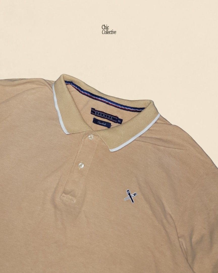 Regatta Boxy Khaki Polo Shirt (Category: Tshirts & Polo Shirts ) located in Morong. Submitted by chiccollectiveph (Listing ID 1458681221, Image 1). Description: Boxy Khaki Polo Shirt L - 21" W - 22".