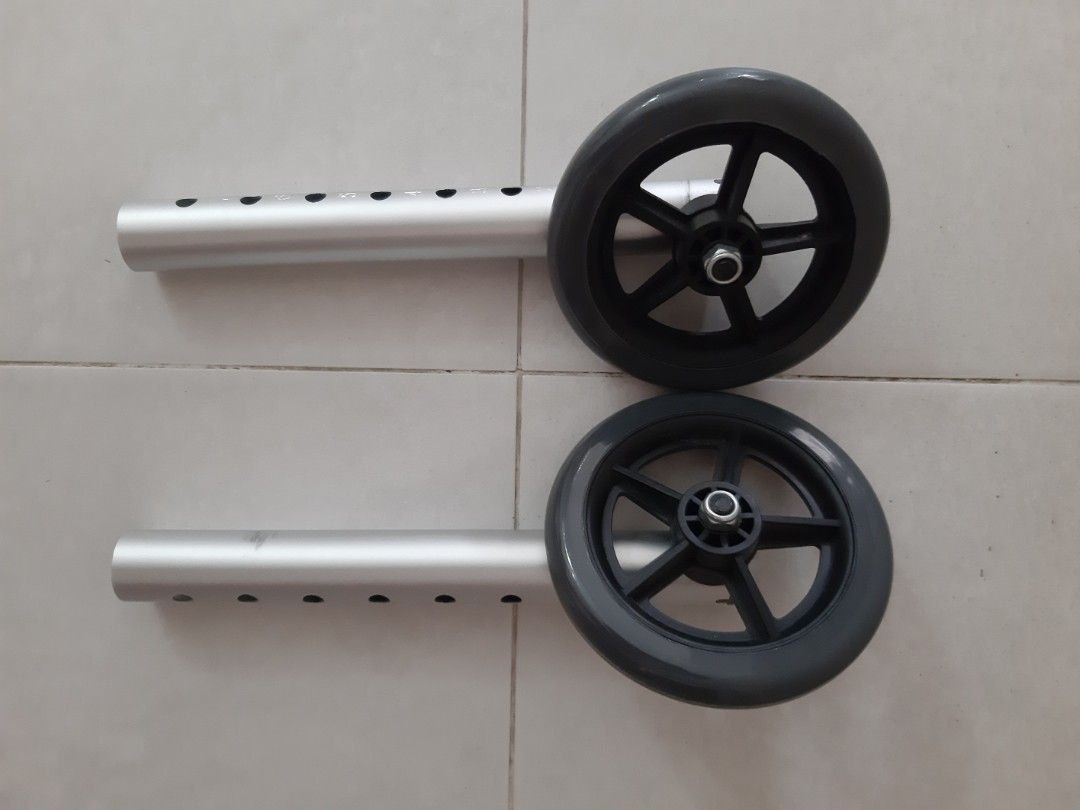 Replaceable wheels for walking frame (Category: Rehabilitative Devices) located in Singapore. Submitted by fan_of_terminator (Listing ID 1458666719, Image 1). Description: Replaceable 5" Wheels Replace front 2 legs with wheeled footpiece attachment Allows elderly to easily push safely as back legs provide stability Easy to install and replace Self collect in Sengkang under my block in Anchorvale Drive.