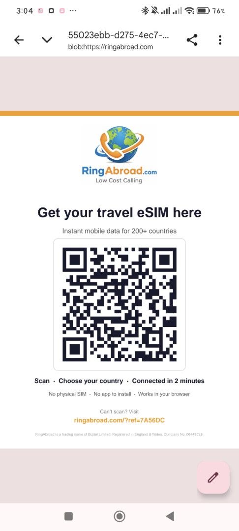 RingAbroad Travel eSIM - Instant Data for 200+ Countries (Category: Announcements) located in Quezon City. Submitted by breaker92 (Listing ID 1458681007, Image 1). Description: Join me on RingAbroad — cheap international calls and instant travel eSIMs! Use my code 7A56DC and you get $0.25 free credit. Sign up here: https://ringabroad.com?ref=7A56DC.