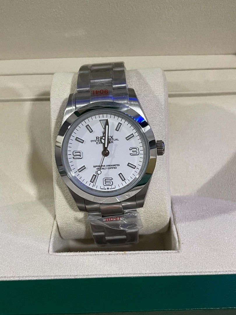 Rx Oyster automatic watch for men Explorer White Dial Watch (Category: Luxury Watches) located in Calamba. Submitted by gheo0025 (Listing ID 1458684693, Image 1). Description: - Rx Oyster Perpetual Explorer 85/100 almost same to OG - Classic white dial with luminous markers - Durable stainless steel case and bracelet - Reliable automatic movement - Includes original Rolex box - Perfect addition to any watch collection.