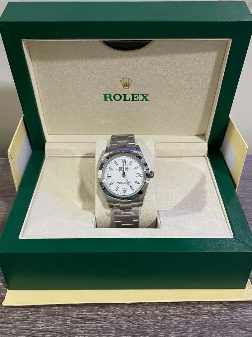 Rx Oyster automatic watch for men Explorer White Dial Watch (Category: Luxury Watches) located in Calamba. Submitted by gheo0025 (Listing ID 1458684693, Image 2). Description: - Rx Oyster Perpetual Explorer 85/100 almost same to OG - Classic white dial with luminous markers - Durable stainless steel case and bracelet - Reliable automatic movement - Includes original Rolex box - Perfect addition to any watch collection.