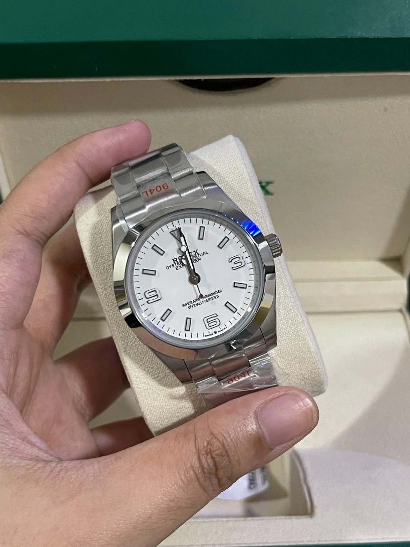 Rx Oyster automatic watch for men Explorer White Dial Watch (Category: Luxury Watches) located in Calamba. Submitted by gheo0025 (Listing ID 1458684693, Image 3). Description: - Rx Oyster Perpetual Explorer 85/100 almost same to OG - Classic white dial with luminous markers - Durable stainless steel case and bracelet - Reliable automatic movement - Includes original Rolex box - Perfect addition to any watch collection.
