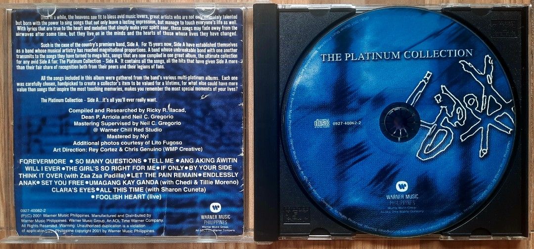 Side A The Platinum Collection OPM CD Rare (Category: CDs & DVDs) located in Marikina City. Submitted by preloveditems4saleCOD (Listing ID 1458534687, Image 3). Description: - Side A: The Platinum Collection CD - Features all their greatest hits - Includes popular songs like 'Forevermore', 'Tell Me', and 'Anak' - Special collaborations with Sharon Cuneta, Cheady & Tillie Moreno - A must-have for any Side A fan!.