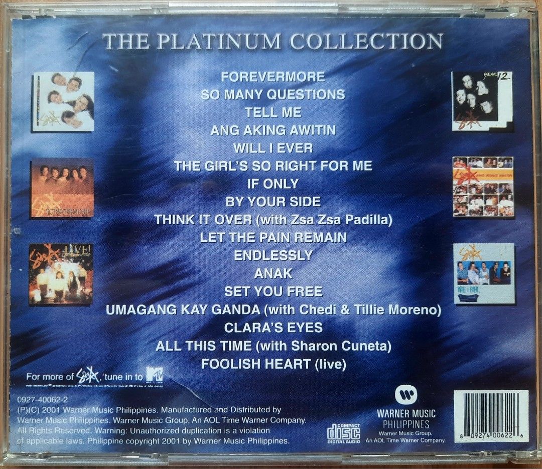 Side A The Platinum Collection OPM CD Rare (Category: CDs & DVDs) located in Marikina City. Submitted by preloveditems4saleCOD (Listing ID 1458534687, Image 2). Description: - Side A: The Platinum Collection CD - Features all their greatest hits - Includes popular songs like 'Forevermore', 'Tell Me', and 'Anak' - Special collaborations with Sharon Cuneta, Cheady & Tillie Moreno - A must-have for any Side A fan!.
