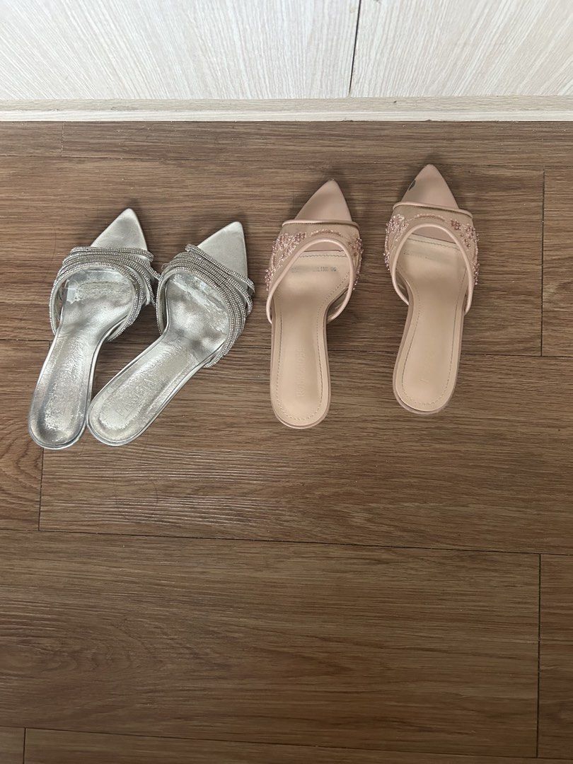 size 6 parisian silver kitten heels (Category: Heels) located in Mandaluyong City. Submitted by moe_naja (Listing ID 1458525525, Image 2). Description: size 6, 23cm, 2 inch heel bought for 1k at SM last March 2026 super cute! rfs: sira na yung gems niya but repairable! selling low meetup/grab/lala/moveit cubao area.