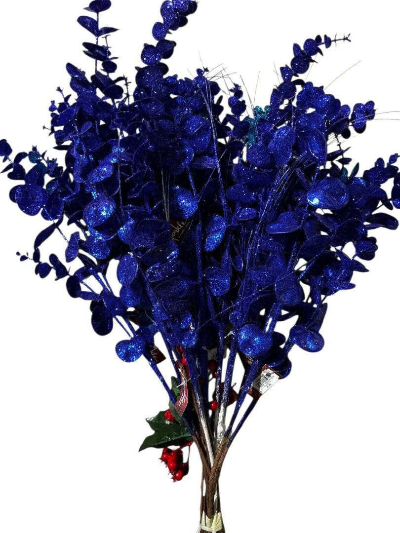 Sparkly Blue Glitter Eucalyptus Stems with Berries (Category: Artificial Plants & Flowers) located in Quezon City. Submitted by delacruzjp546 (Listing ID 1458568143, Image 1). Description: - Bundle of sparkly blue glitter eucalyptus stems. - Some feature red berries and green leaves. - Ideal for holiday decorations and crafting projects. - Adds a festive touch to any arrangement. .