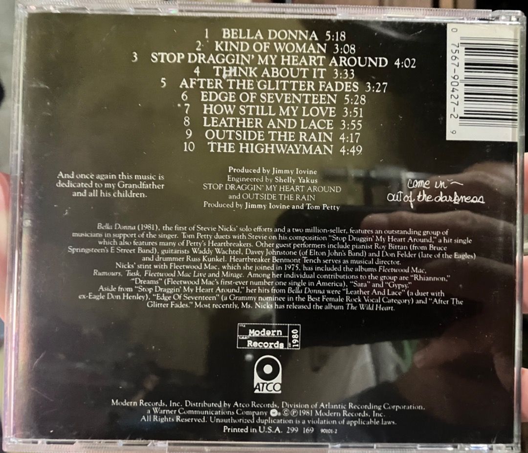 Stevie Nicks Bella Donna CD 1981 (Category: CDs & DVDs) located in Makati City. Submitted by zek2zoe (Listing ID 1458664614, Image 2). Description: Selling from my personal/family collection. - CD/case in very good and working condition - Original, Pressed in the USA, year 1981 Reason for selling: - Declutter and make room for storage Info: - Stevie Nicks Bella Donna CD - Includes all 10 original tracks - Produced by Jimmy Iovine - Made in USA by
