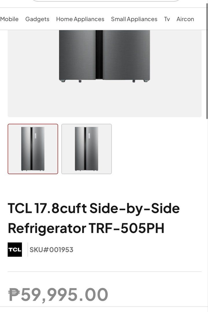 TCL 17.8 cuft Side-by-Side Refrigerator TRF-505PH (Category: Refrigerators and Freezers) located in Manila. Submitted by freebird_00fcce (Listing ID 1458628613, Image 3). Description: SUPER SALE from ₱59,995 to ₱39,999 only SEALED AND BRANDNEW RFS- extra units - TCL Side-by-Side Refrigerator - 17.8 cubic feet capacity - Model: TRF-505PH - Inverter Technology for energy savings - No Frost feature for convenience - Spacious: 1768mm (H) x 920mm (W) 