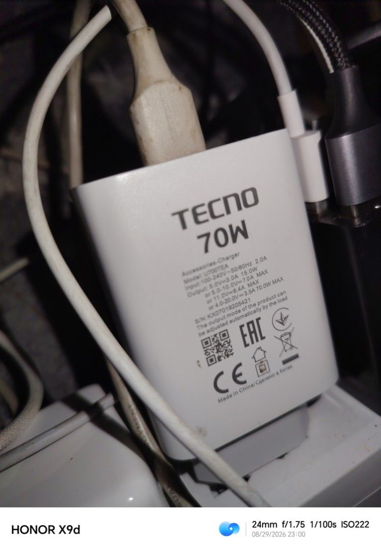 TECNO 70W Fast Charger U700TEA (Category: Chargers & Cables) located in Marikina City. Submitted by yawzii (Listing ID 1458545859, Image 1). Description: - TECNO 70W Fast Charger (Model: U700TEA) - Universal Input: 100-240V - Powerful Output: Up to 70W MAX - Auto-adjusts charging speed for optimal performance - Made in China.