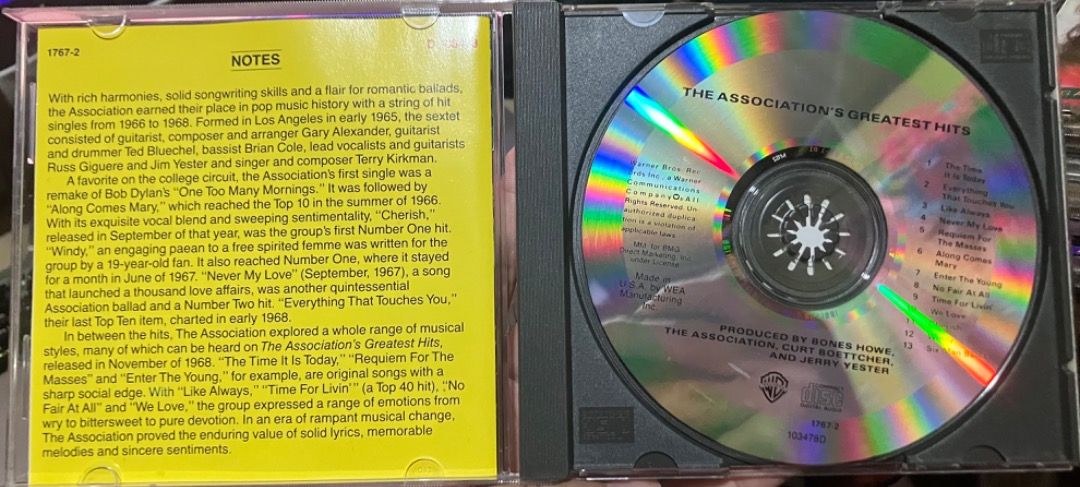 The Association - Greatest Hits! CD (Category: CDs & DVDs) located in Makati City. Submitted by zek2zoe (Listing ID 1458664267, Image 3). Description: Selling from my personal/family collection. - CD/case in very good and working condition - Original, Pressed in the USA, year 1990 Reason for selling: - Declutter and make room for storage Info: - American pool-rock band - Vintage CD in great playing condition - Songs from the 60s, popular songs "C