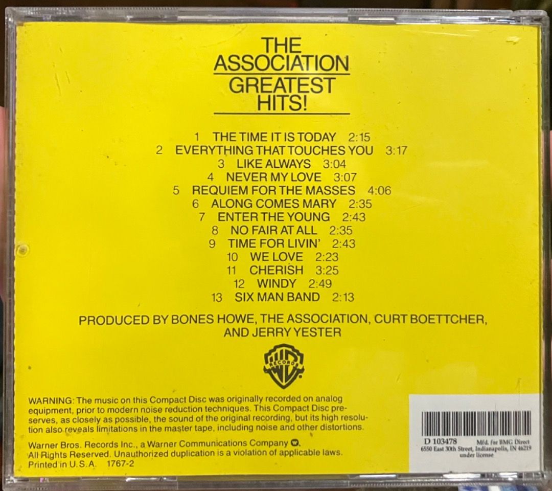 The Association - Greatest Hits! CD (Category: CDs & DVDs) located in Makati City. Submitted by zek2zoe (Listing ID 1458664267, Image 2). Description: Selling from my personal/family collection. - CD/case in very good and working condition - Original, Pressed in the USA, year 1990 Reason for selling: - Declutter and make room for storage Info: - American pool-rock band - Vintage CD in great playing condition - Songs from the 60s, popular songs "C
