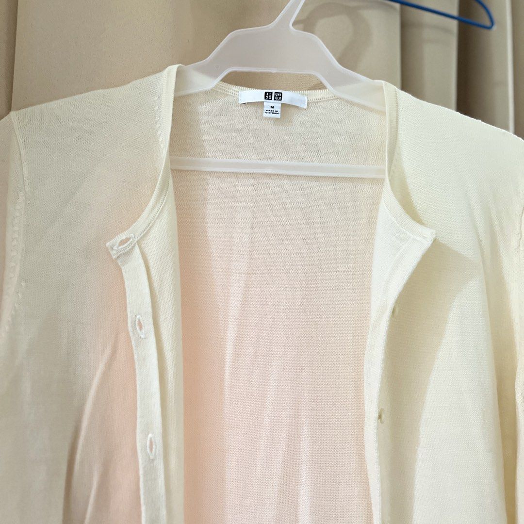 Uniqlo Cream Button Up Cardigan (Category: Coats, Jackets and Outerwear) located in Manila. Submitted by princess.01.1 (Listing ID 1458556169, Image 2). Description: - Cream colored Uniqlo cardigan - Size Medium (M) - Sheer Cardigan good for layering Lp na J&t only. +55 sf(within mnl).