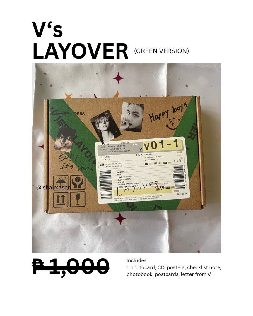 V Layover Album (Green) (Category: CDs & DVDs) located in Los Banos. Submitted by ishaimasen (Listing ID 1457224741, Image 2). Description: WTS: V’S Layover Album 💚 ₱800 - Includes: 1 photocard, CD, posters, checklist note, photobook, postcards, letter from V Delivery fee will be covered by you 🇵🇭 Can ship via Flash, J&T, LBC, and Lalamove Can ship internationally as well 💖 ~~~ .