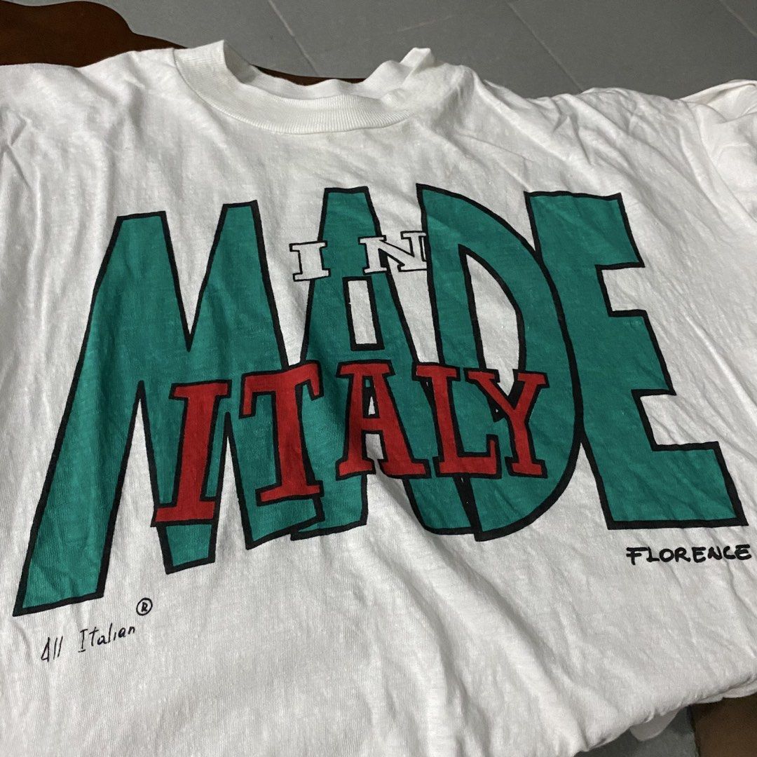 Vintage Made In Italy Statement Tee (Category: Tshirts & Polo Shirts ) located in Legazpi City. Submitted by southeastjunkies (Listing ID 1458555915, Image 2). Description: Made In Italy Statement Tee (Possible 80s-Early 90s, ssatw, paper thin, flowy, safe to stretch) 20x25.5 (Medium).