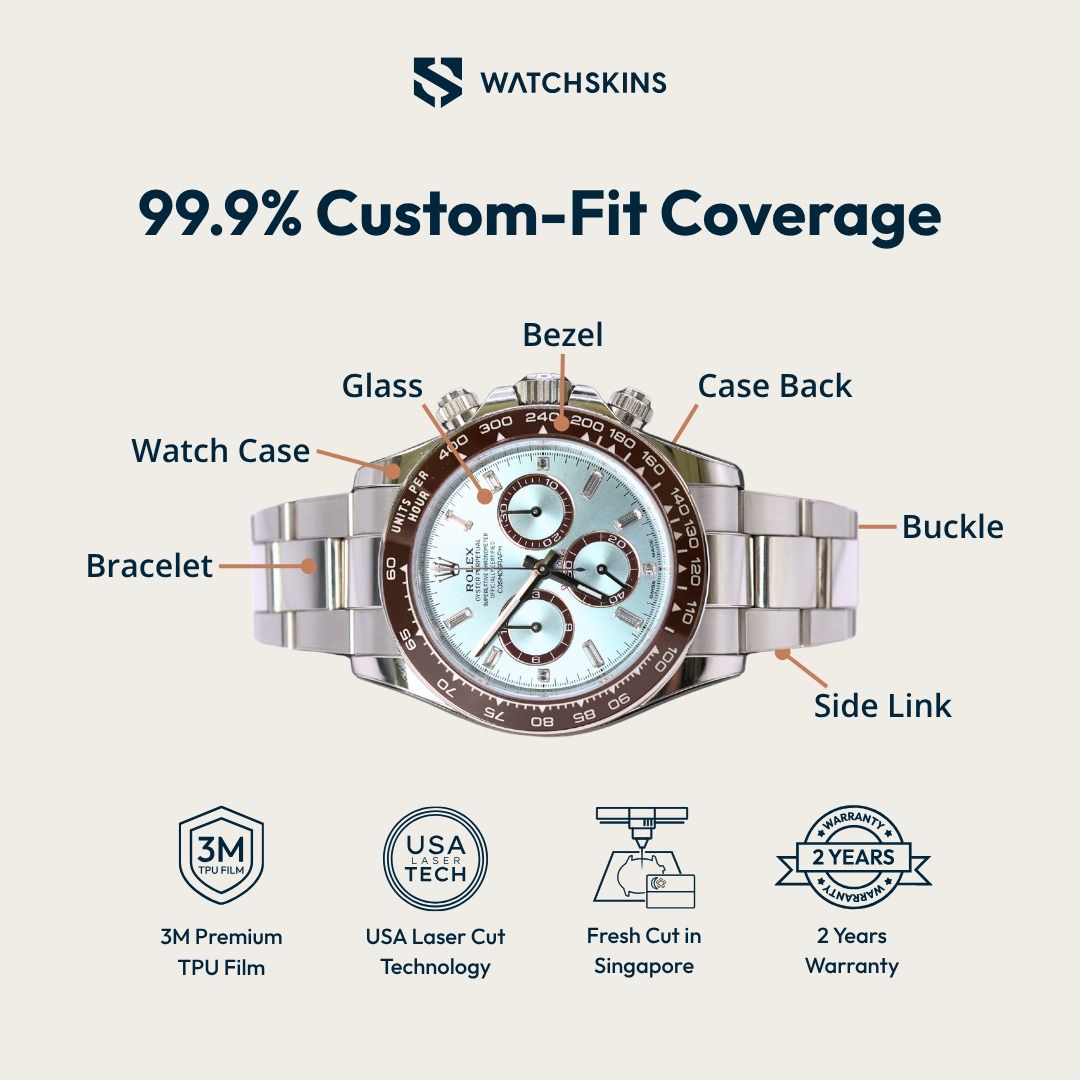 Watchskins Rolex Daytona Platona Protection Film | 126506 | 3M TPU Ultra Clear | 99.9% Edge-to-Edge | Laser-Cut Singapore (Category: Watches) located in Singapore. Submitted by watchskinssg (Listing ID 1410618404, Image 2). Description: 3M TPU watch protection film for the Rolex Daytona Platona 126506. Laser-cut in Singapore. 99.9% edge-to-edge coverage. The film is there. The watch looks like it isn't. Why Watchskins: ✦ 3M Premium TPU Film ✦ 99.