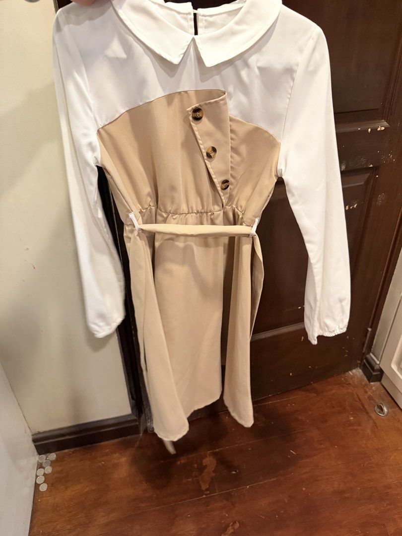 White and Beige Collared Long Sleeve Dress (Category: Dresses) located in Manila. Submitted by tabsy (Listing ID 1458658206, Image 2). Description: - White long sleeve top - Beige overlay with Peter Pan collar - Elasticated waist with tie belt - Button details on overlay - Versatile for smart casual, work, or day out.