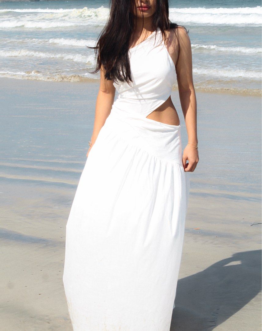 White Asymmetrical Cut-out Maxi Dress (Category: Dresses) located in Legazpi City. Submitted by golden_potatoe (Listing ID 1458509720, Image 3). Description: Can Fit up to medium (adjustable back).