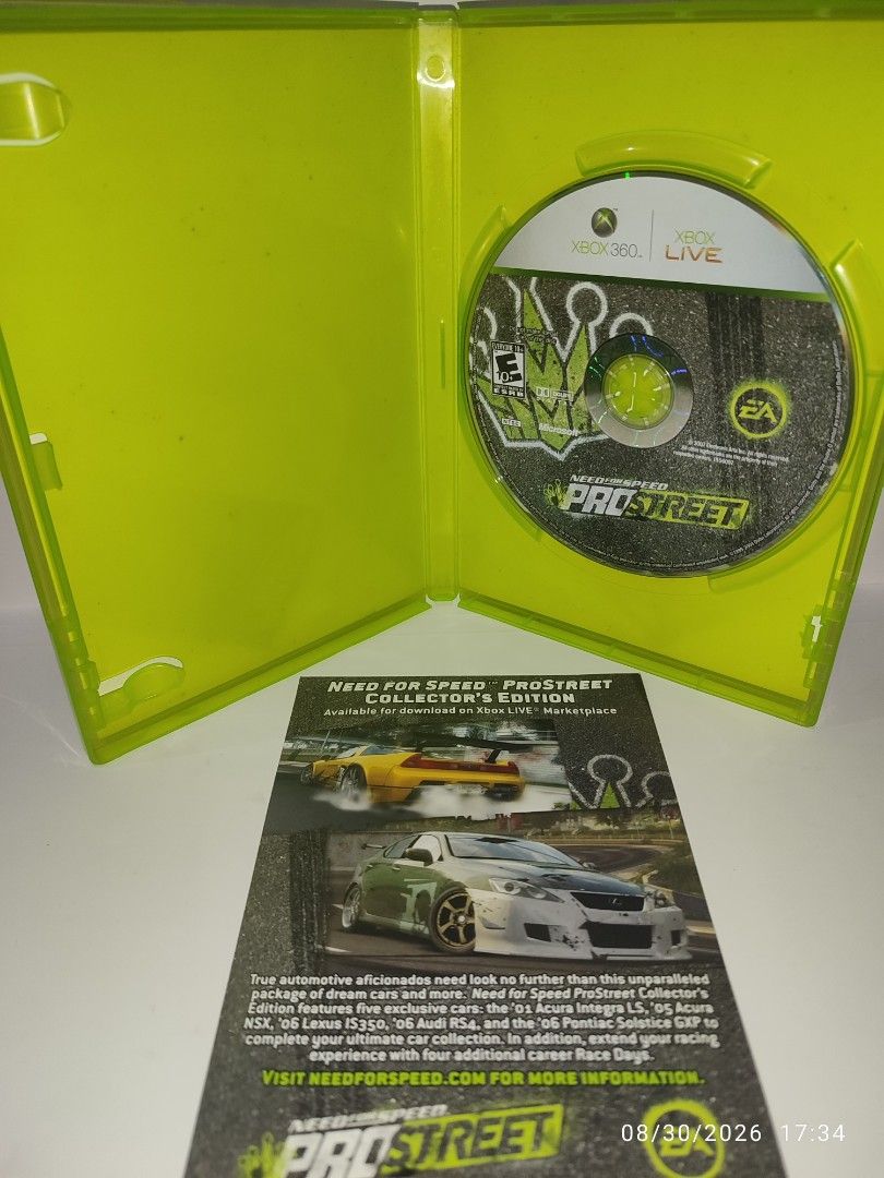 XBOX 360 - Need for Speed Prostreet (PRELOVED) "NTSC" (Category: Xbox) located in Mendez-Nunez. Submitted by sf2_gameshop (Listing ID 1458598535, Image 3). Description: PLEASE READ Plays on an NTSC XBOX 360 unit. NTSC/J - X (NO) NTSC - √ (YES) PAL - X (NO) CONDITION: A pre-loved item. Clean disc. Tested working. Missing game manual, insert only. GENRE: Racing MODE: Single-player REGION: NTSC VOICE: English IN-GAME TEXT: English MANUAL: N/A, inser