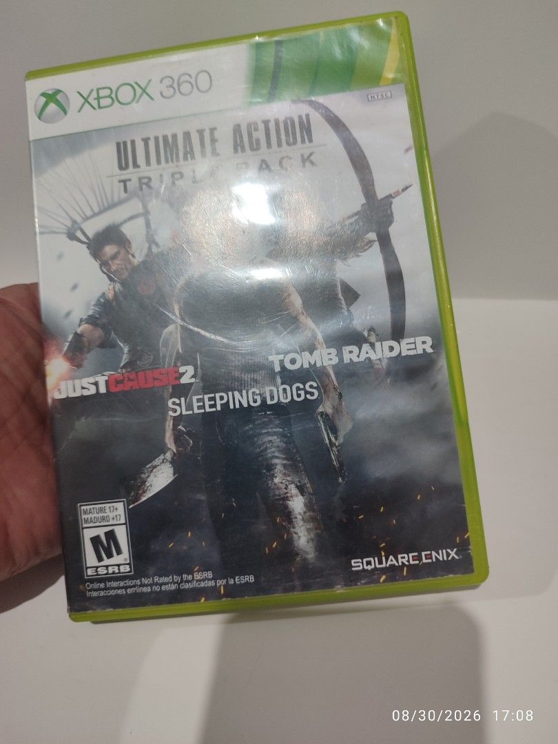 XBOX 360 - Ultimate Action Triple Pack (PRE-OWNED) "for NTSC & PAL" (Category: Xbox) located in Mendez-Nunez. Submitted by sf2_gameshop (Listing ID 1458592485, Image 2). Description: PLEASE READ Only two games are working; Tomb Raider and Just Cause 2. Will work on an NTSC (US) and PAL region unit. Please see compatibility for reference: Just Cause 2 - plays on any region including NTSC-J Tomb Raider - plays on NTSC and PAL ony Sleeping Dogs - De