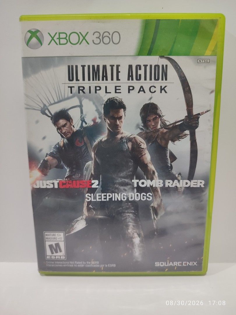 XBOX 360 - Ultimate Action Triple Pack (PRE-OWNED) "for NTSC & PAL" (Category: Xbox) located in Mendez-Nunez. Submitted by sf2_gameshop (Listing ID 1458592485, Image 1). Description: PLEASE READ Only two games are working; Tomb Raider and Just Cause 2. Will work on an NTSC (US) and PAL region unit. Please see compatibility for reference: Just Cause 2 - plays on any region including NTSC-J Tomb Raider - plays on NTSC and PAL ony Sleeping Dogs - De