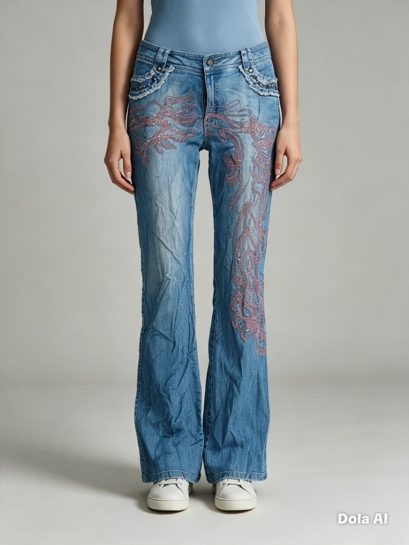 Y2k Dragon Embroidery Flared Pants (Category: Jeans) located in Manila. Submitted by jaylordfermilan (Listing ID 1458572921, Image 1). Description: Cr:10/10 Dimes: 28x40 No issue As new condition.
