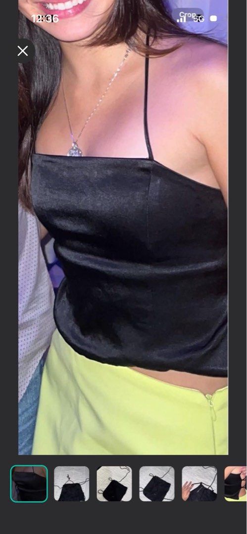 Zara Black Spaghetti Strap Backless Crop Top (Category: Sleeveless) located in Mandaluyong City. Submitted by mini.declutter (Listing ID 1458520796, Image 2). Description: - Black spaghetti strap crop top - Square neckline - Ties at the back - Silky material - Ideal for pairing with high-waisted bottoms - Perfect for nights out.
