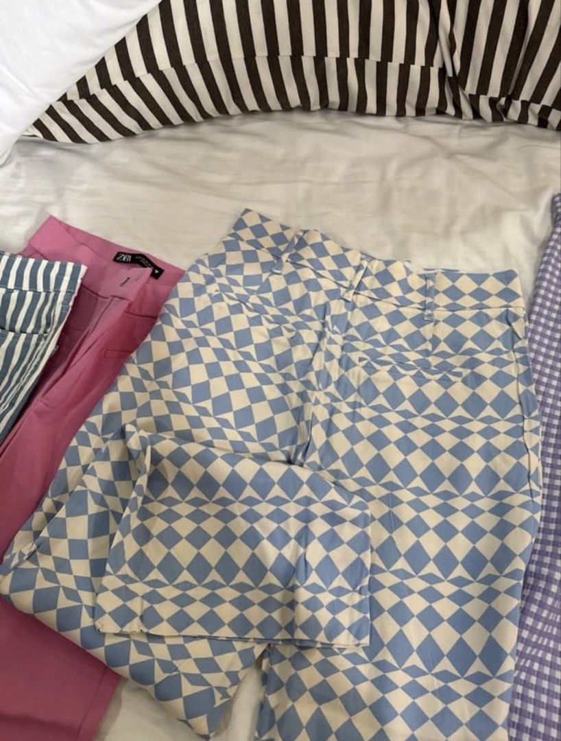 Zara Blue Checkerboard Wide Leg Pants (Category: Other Bottoms) located in Mandaluyong City. Submitted by mini.declutter (Listing ID 1458520676, Image 2). Description: - Zara blue and white checkerboard pants - Wide leg style for ultimate comfort - Ideal for casual outings or a beachy look - Great for summer wear - Easy to style with a simple top and sandals.
