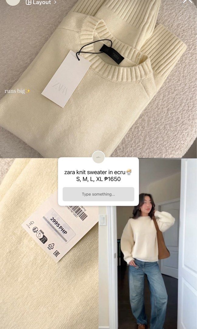 Zara Knit Sweater in Ecru (Category: Longsleeves) located in Quezon City. Submitted by nixsengson (Listing ID 1458640504, Image 1). Description: ZARA Knit Sweater in Ecru Size: Medium (runs big) Bought for ₱1,650 (via IG), selling for ₱1,500 (negotiable) RFS: wrong size With tag Never used.