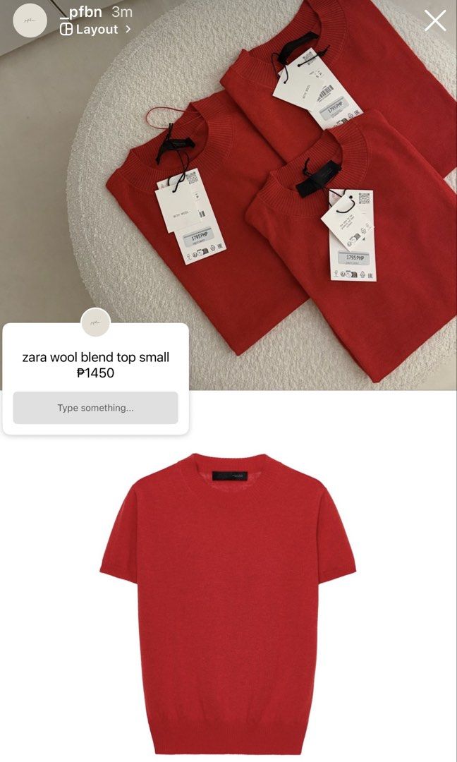 Zara Wool Blend Top - Red (Category: Blouses) located in Quezon City. Submitted by nixsengson (Listing ID 1458640065, Image 1). Description: - Zara Wool Blend Top - Size: Small - Material: Wool Blend - Bought for ₱1,450 (via IG), selling for ₱1,300 (negotiable) - RFS: wrong size - With tag, never worn - Great for layering or wearing on its own.