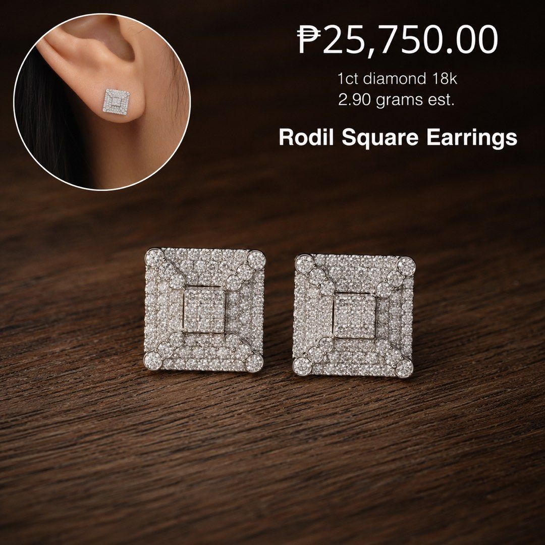 18k White Gold Diamond Square Stud Earrings (Category: Earrings) located in Manila. Submitted by online.bb.shop (Listing ID 1458759131, Image 1). Description: - Sparkling square earrings with 1ct diamonds. - Set in lustrous 18k white gold. - Estimated weight: 2.90 grams. - Introducing the Rodil Square Earrings. - Classic square design with intricate diamond detailing. - Adds glamour to any outfit. - Perfect for everyday wear or special occasions.