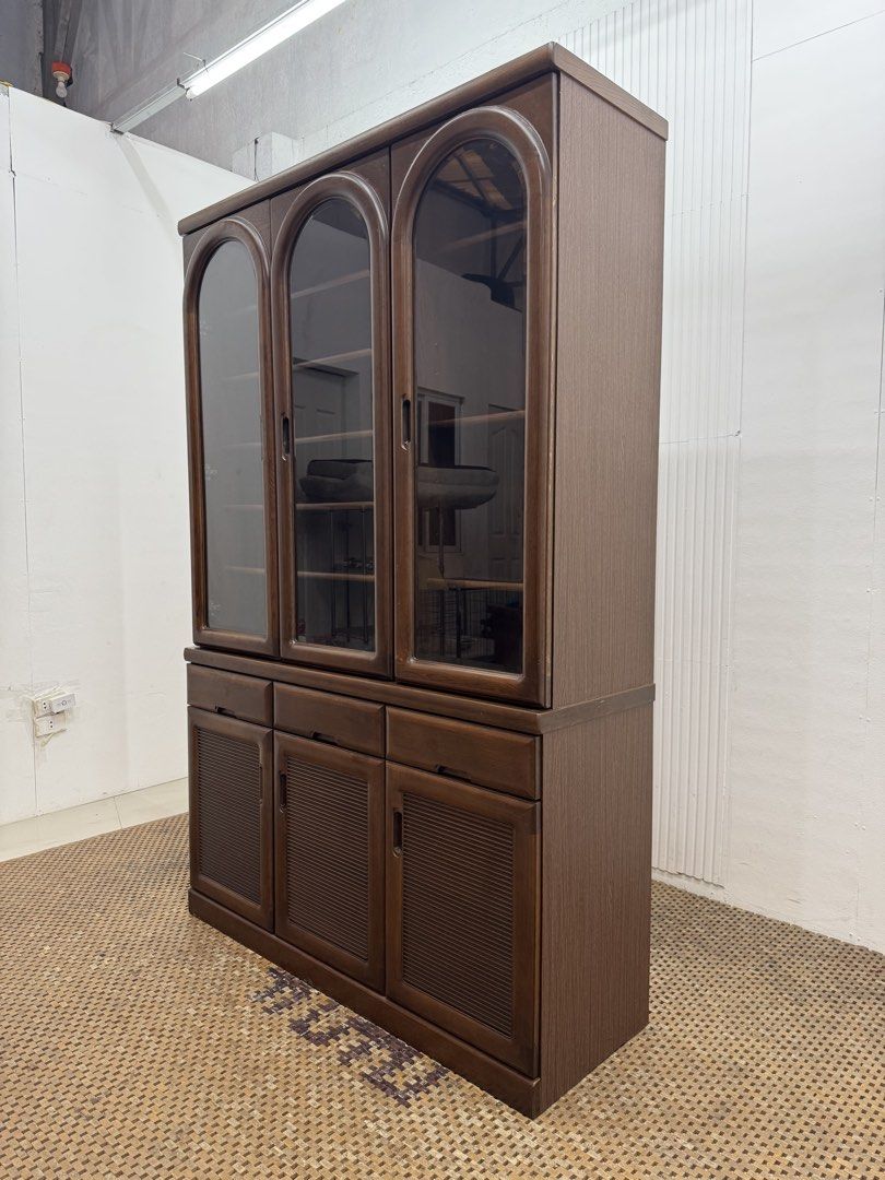 3 door display cabinet (Category: Shelves, Cabinets & Racks) located in Quezon City. Submitted by matetdevis13 (Listing ID 1458801296, Image 3). Description: Vintage Walnut 3-Door Display Cabinet with Drawers & Storage Price: 10,900 L50 x W17 x H78 In good condition Code JMD45-M102.